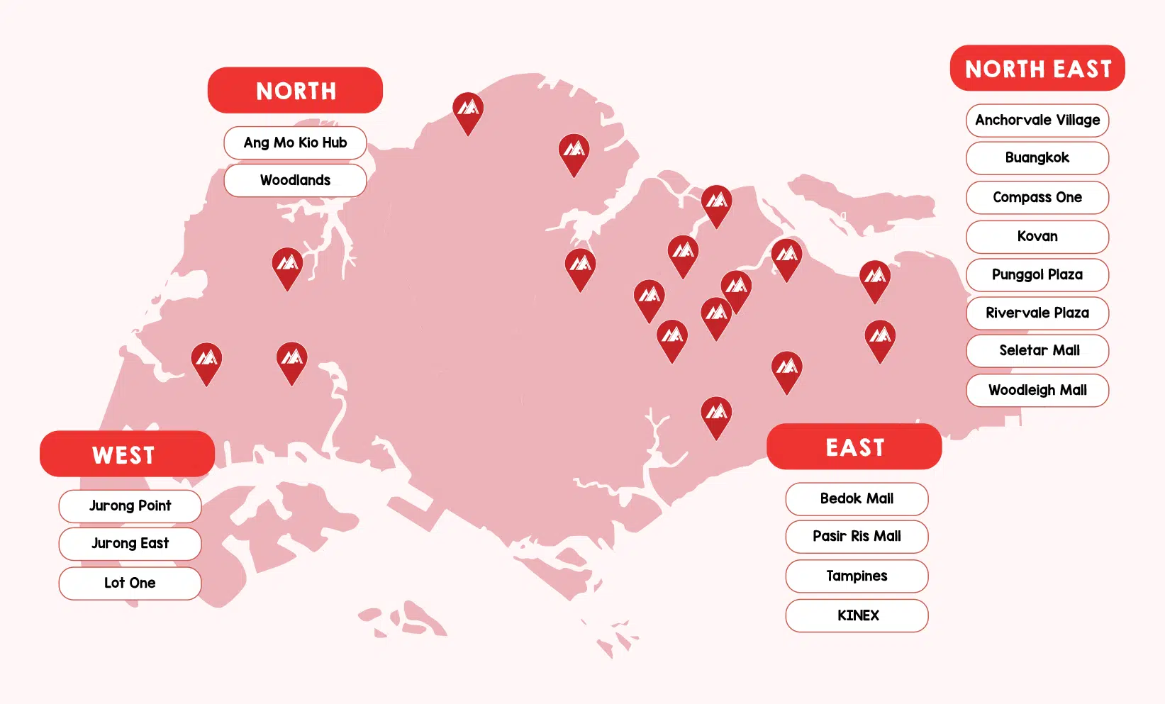 Map of 17 Mavis Tutorial Centre locations across Singapore